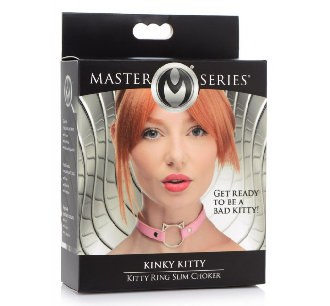 Ошейник-чокер с кольцом в виде котика Kinky Kitty Master Series, экокожа, розовый