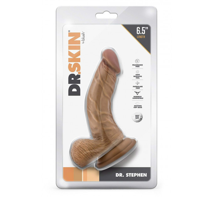 Фаллоимитатор реалистичный на присоске Blush Dr. Skin коричневый, 16.5 х 3.8 см