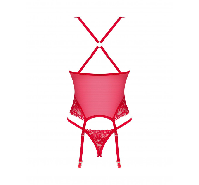 Прозрачный корсет с кружевными вставками и стринги Obsessive Lacelove красный, XS/S