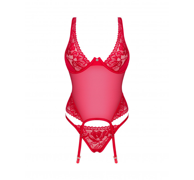 Прозрачный корсет с кружевными вставками и стринги Obsessive Lacelove красный, XS/S