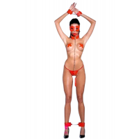 Комплект БДСМ Sunspice ошейник, наручники и поножи, маска, кляп, пестисы и стринги, красный