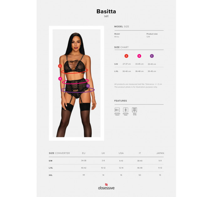 Комплект со шнуровкой и поясом для чулок Obsessive Basitta, черный, S/M