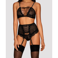 Комплект зі шнурівкою та поясом для панчох Obsessive Basitta, чорний, L/XL