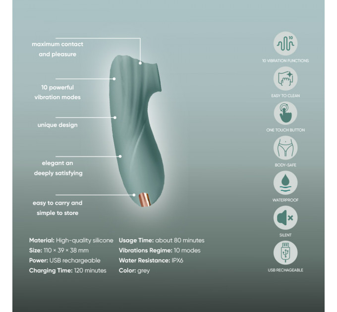 Вибратор клиторальный Sweet Em с вакуумом, серо-голубой, 11 см