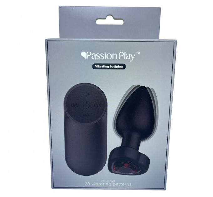 Анальна вібропробка з пультом Passion Play з червоним каменем у формі серця, 28 режимів, чорна