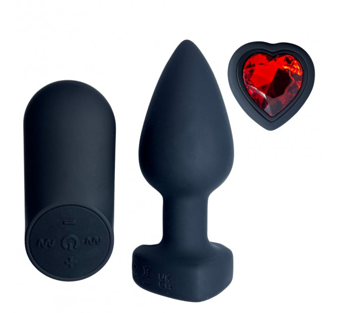 Анальна вібропробка з пультом Passion Play з червоним каменем у формі серця, 28 режимів, чорна
