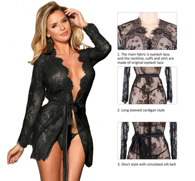 Кружевной халат Star Night с поясом и трусиками, черный, XS-S