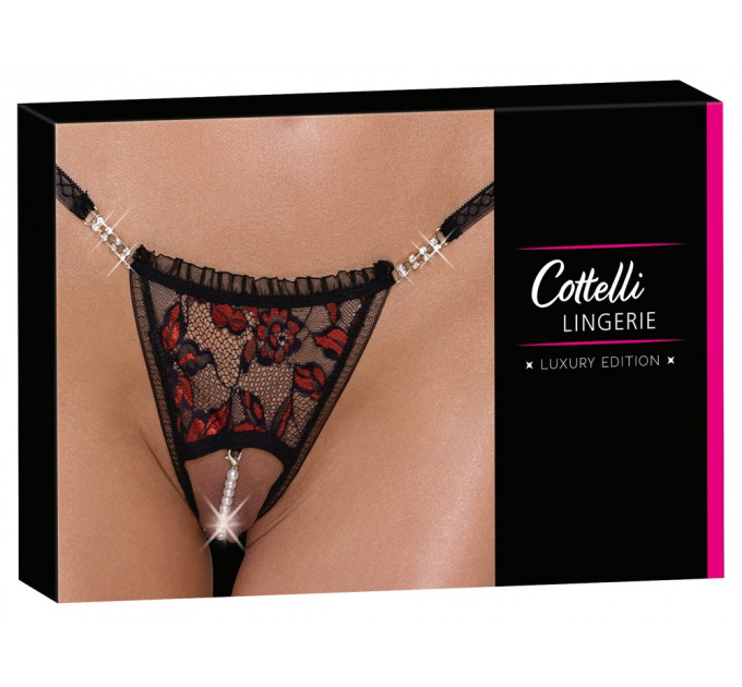 Стринги с жемчужинами в открытом доступе для стимуляции Cottelli Collection, черные, S/M