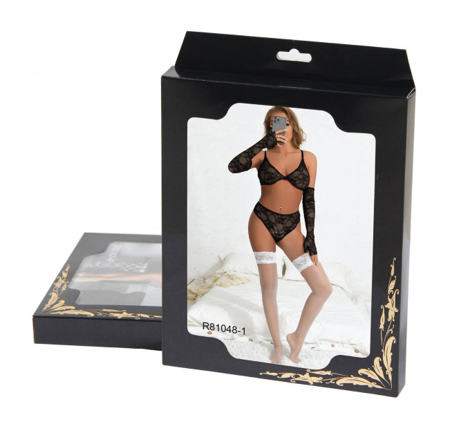 Комплект білизни з рукавичками Star Night мереживний, чорний, XS-S