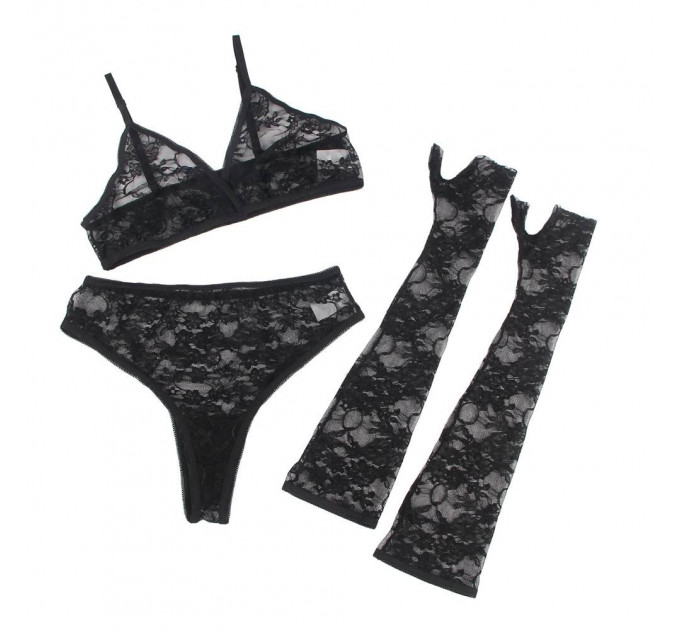 Комплект білизни з рукавичками Star Night мереживний, чорний, XS-S