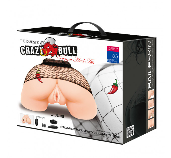 Мастурбатор вагіна і анус Crazy Bull Julie з вібрацією і пультом, бежевий, 28 см