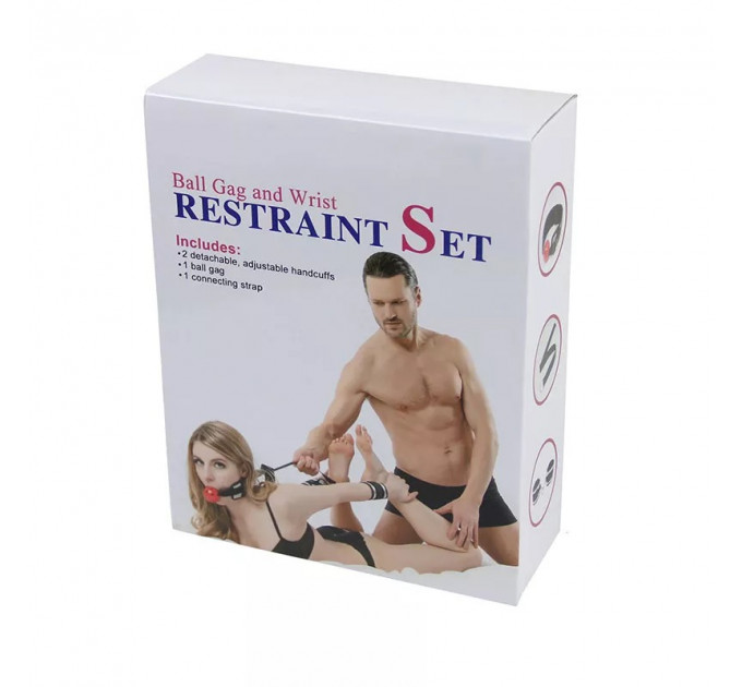 Набір з кляпа з червоною кулькою та наручників Roоmfun Ball Gag and Wrist Restraint Set, чорний