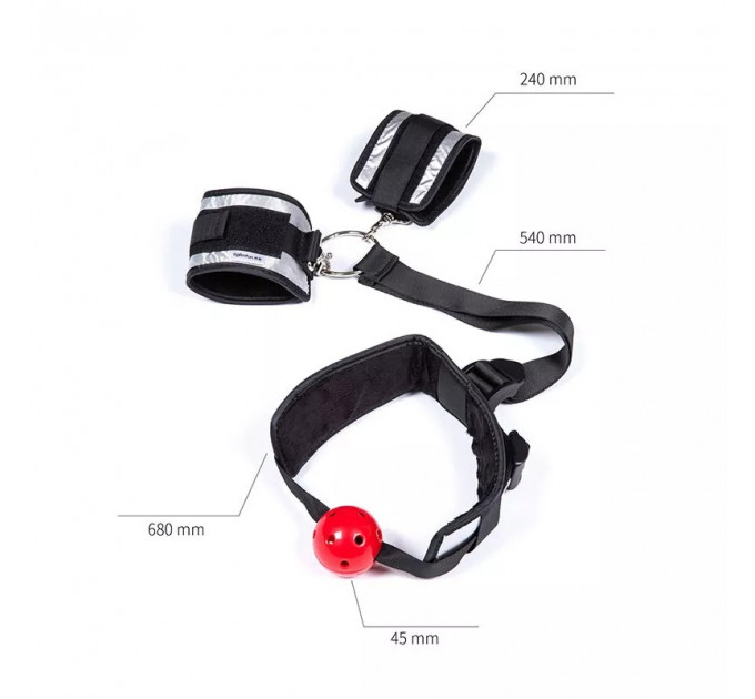 Набір з кляпа з червоною кулькою та наручників Roоmfun Ball Gag and Wrist Restraint Set, чорний