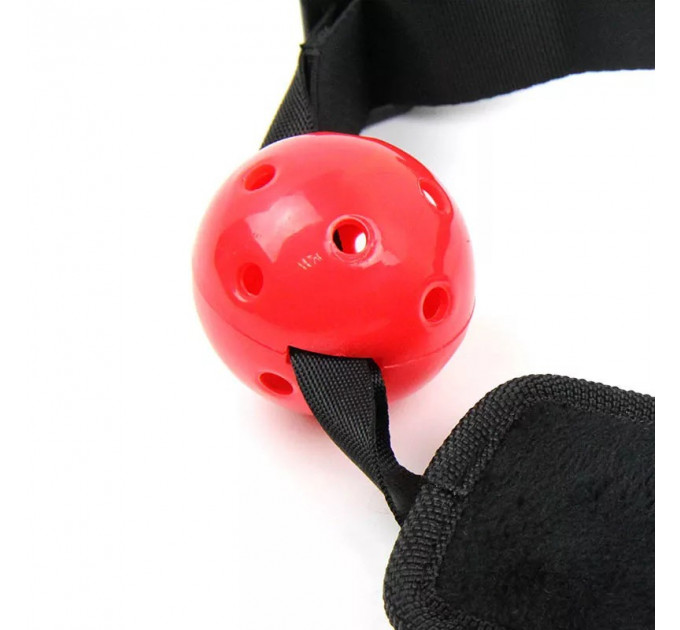 Набір з кляпа з червоною кулькою та наручників Roоmfun Ball Gag and Wrist Restraint Set, чорний