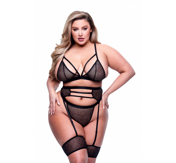 Комплект белья 3PC STRAPPY BRA, GARTER & PANTY SET BLACK, QUEEN
