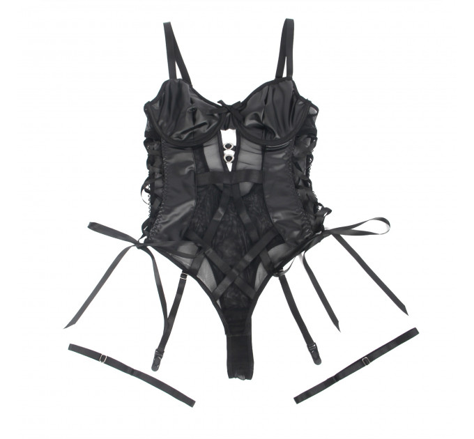 Боді зі штучної шкіри Star Night, з гартером, чорне, M