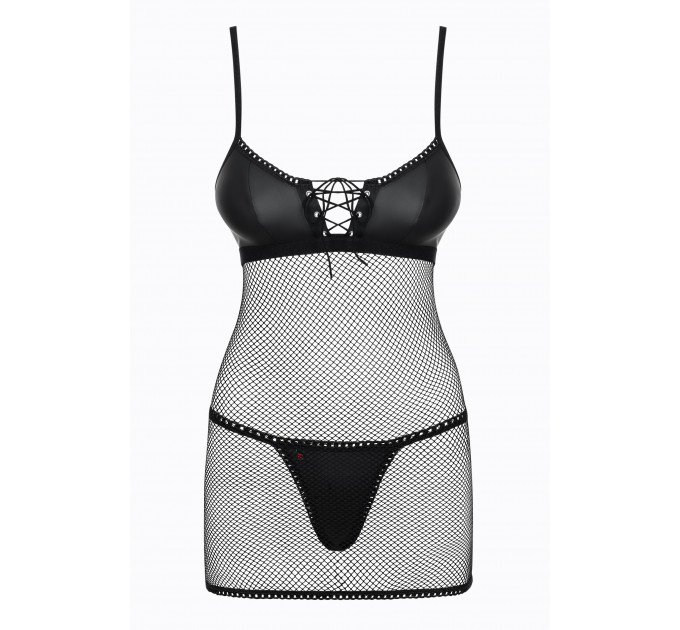 Cорочка сітка Obsessive Redella трусики в комплекті, чорний, S/M