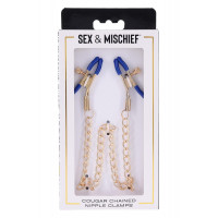 Золотистые зажимы для сосков Sex & Mischief Cougar Chained с синими наконечниками