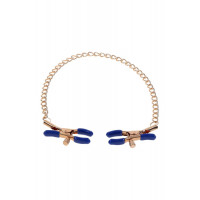 Золотисті затискачі для сосків Sex & Mischief Cougar Chained із синіми наконечниками