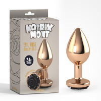 Анальная пробка со стоппером в форме черной розы S Evil Rose Chisa, металлическая, золотая