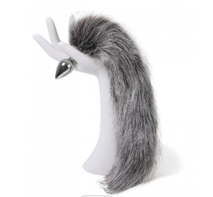 Анальная пробка с хвостом Anal plug faux fur fox tail light grey polyeste