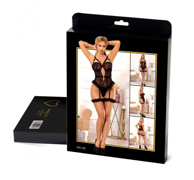 Мереживне боді Star Night з доступом і гартером, чорне, XL-XXL