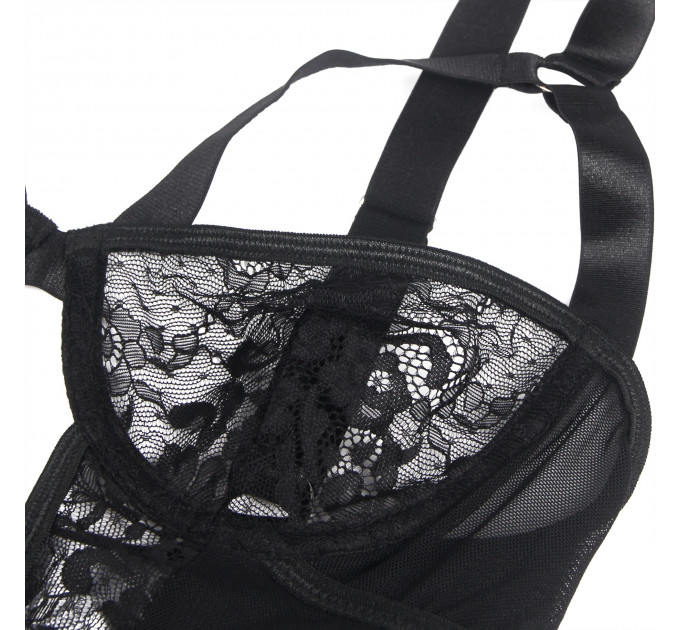 Мереживне боді Star Night з доступом і гартером, чорне, XL-XXL