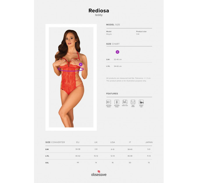Боди с открытым бюстом и доступом Obsessive Rediosa красный, S/M