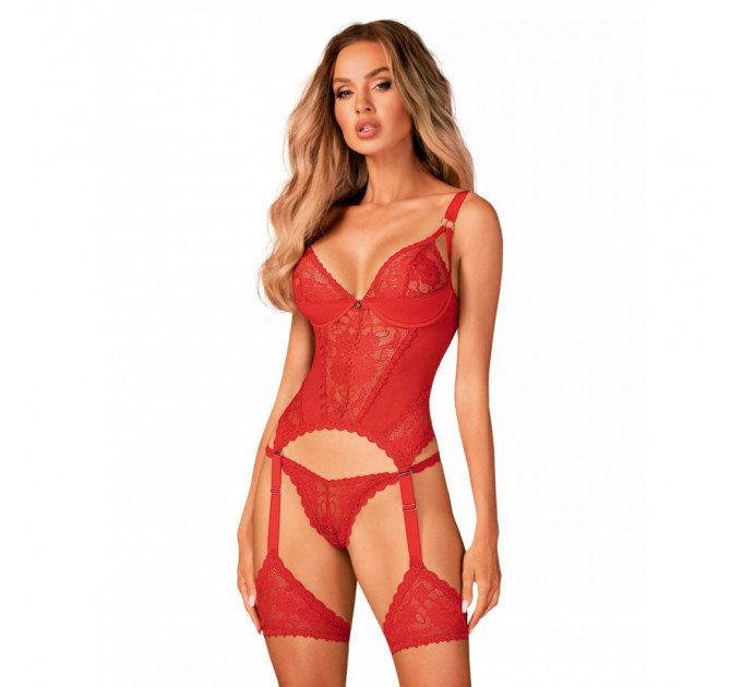 Корсет кружевной Obsessive Belovya, с гартерами и трусиками, красный, M/L