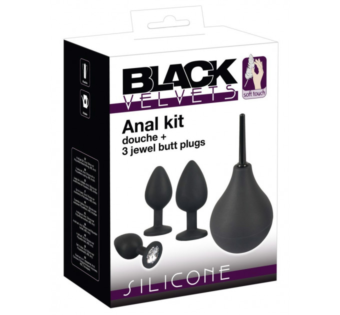 Набор Black Velvet анальные пробки и анальный душ, 4 предмета, черного цвета
