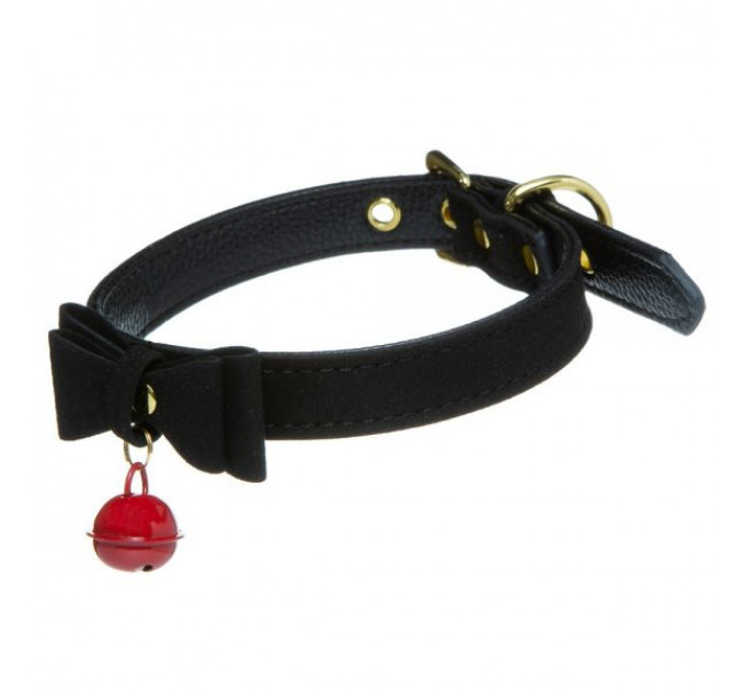 Ошейник с бантиком и колокольчиком замшевый DS Fetish Bow and Bell, черный