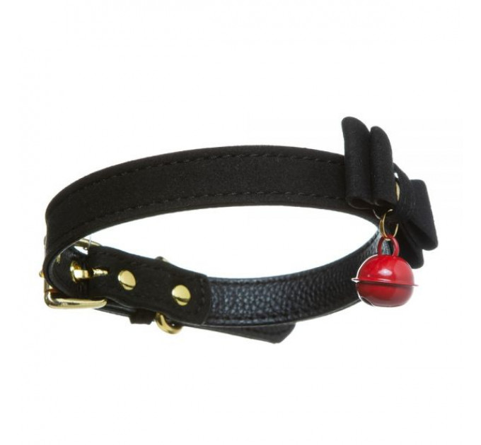 Ошейник с бантиком и колокольчиком замшевый DS Fetish Bow and Bell, черный