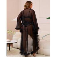 Халат Star Night з мереживом та поясом, чорний, XS-S