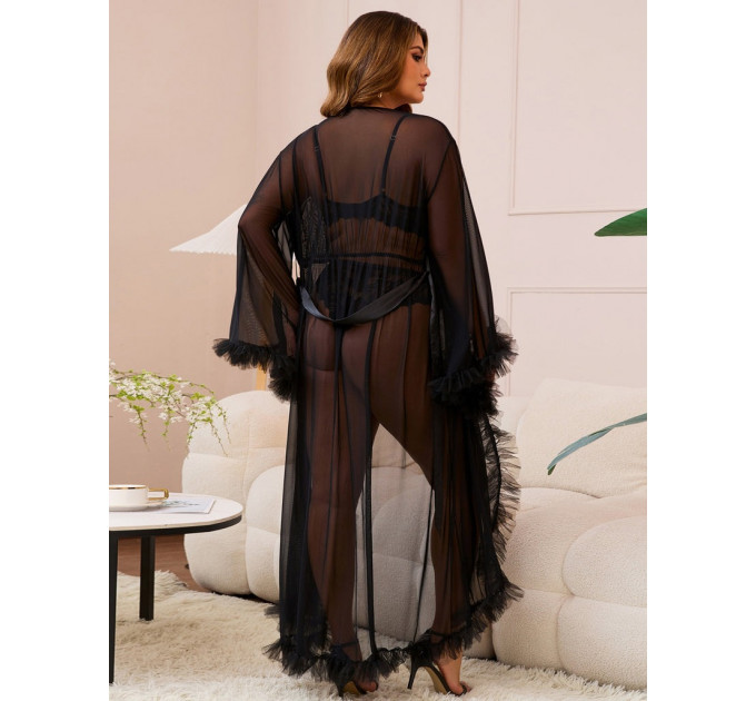 Халат Star Night с кружевом и поясом, черный, XS-S