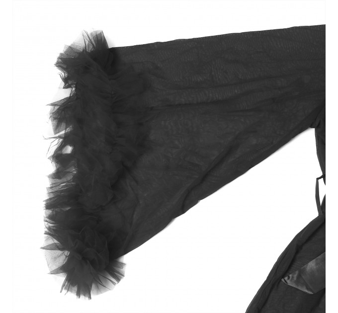 Халат Star Night с кружевом и поясом, черный, XS-S