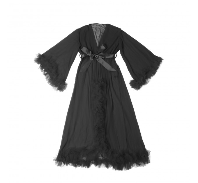 Халат Star Night с кружевом и поясом, черный, XS-S