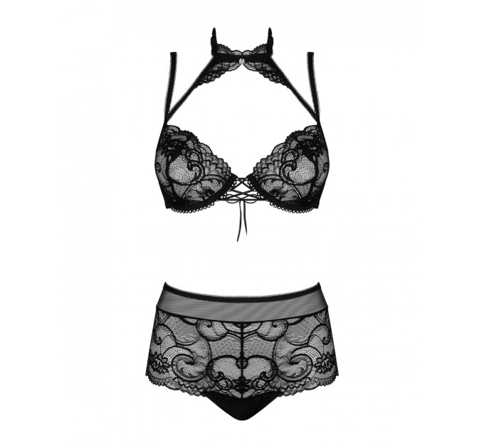 Комплект Obsessive Elizenes с шнуровкой на лифе и кружевным чокером, черный, S/M
