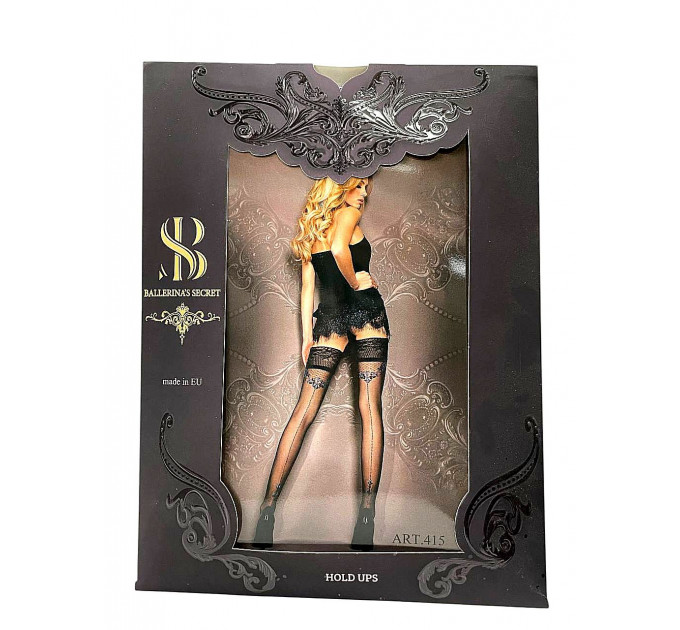 Прозрачные черные чулки Ballerina's Secret с узором, кружевным верхом и задним швом, S/M