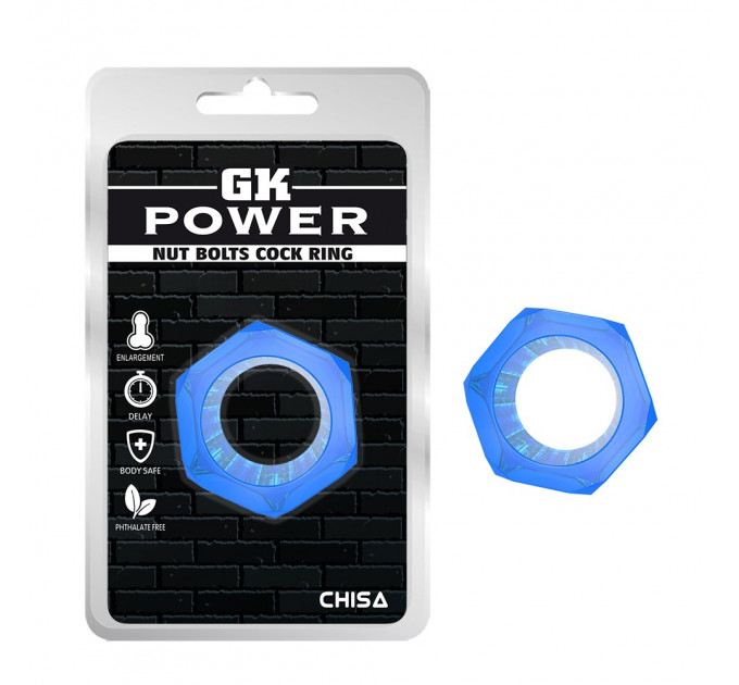 Кольцо эрекционное Chisa GK Power Nust Bolts Cock Ring в виде болта, синее