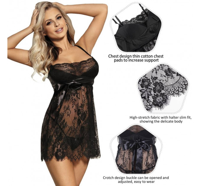 Пеньюар зі стрінгами Star Night з мереживом, чорний, M-L