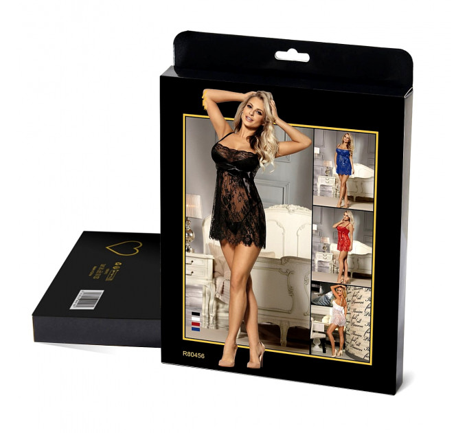 Пеньюар зі стрінгами Star Night з мереживом, чорний, M-L