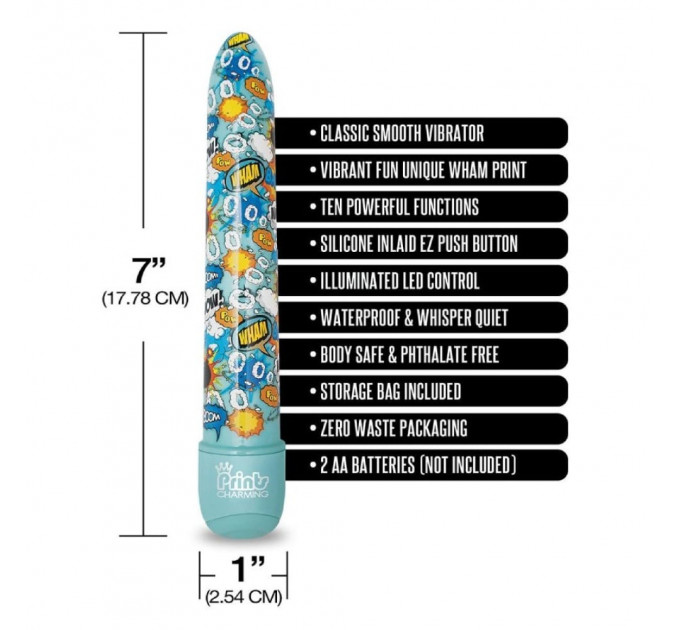 Вибратор классический Global Novelties Prints Charming Pop Tease с ярким принтом, голубой
