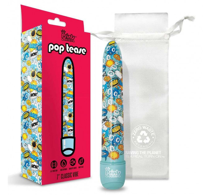 Вибратор классический Global Novelties Prints Charming Pop Tease с ярким принтом, голубой