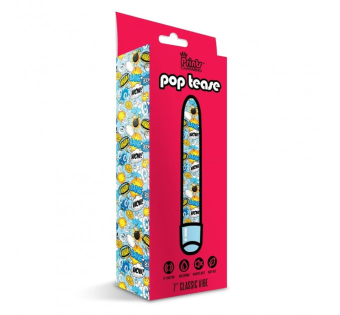 Вибратор классический Global Novelties Prints Charming Pop Tease с ярким принтом, голубой
