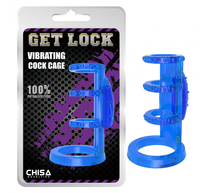Насадка с вибрацией Chisa Get Lock Vibrating Cock Cage и эрекционными кольцами, синяя