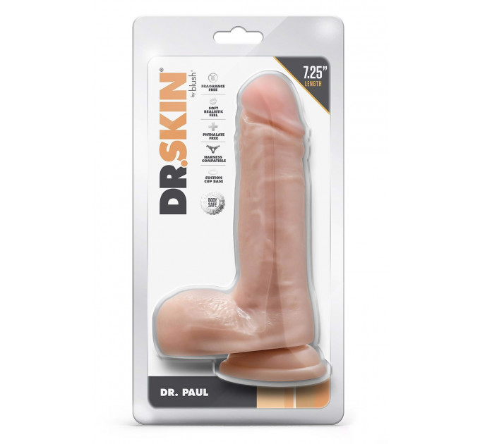 Фаллоимитатор реалистичный на присоске Blush Dr. Skin с мошонкой, бежевый, 18.4 х 4.4 см