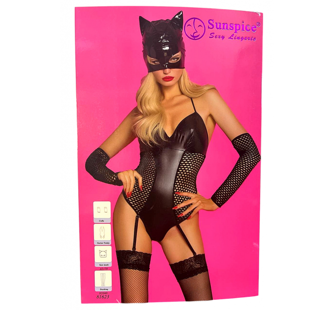 Костюм Кошечки Sunspice боди с подвязками, маска, рукава, чулки, черный, L/XL