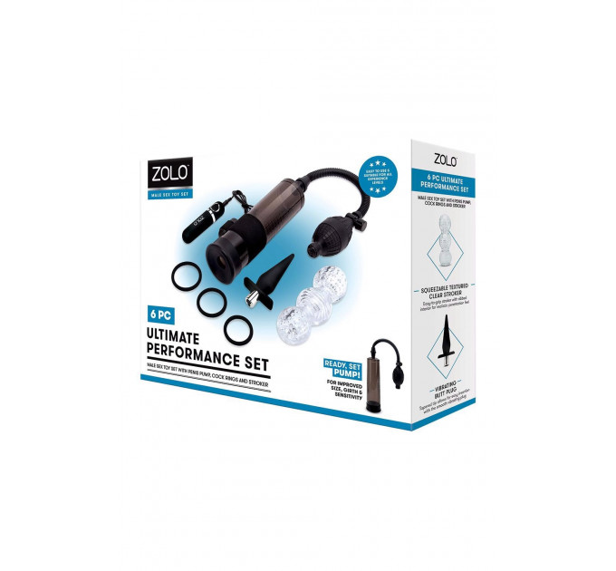 Помпа для пениса Zolo Ultimate Performance Set включающая в себя набор из 6 предметов, черный