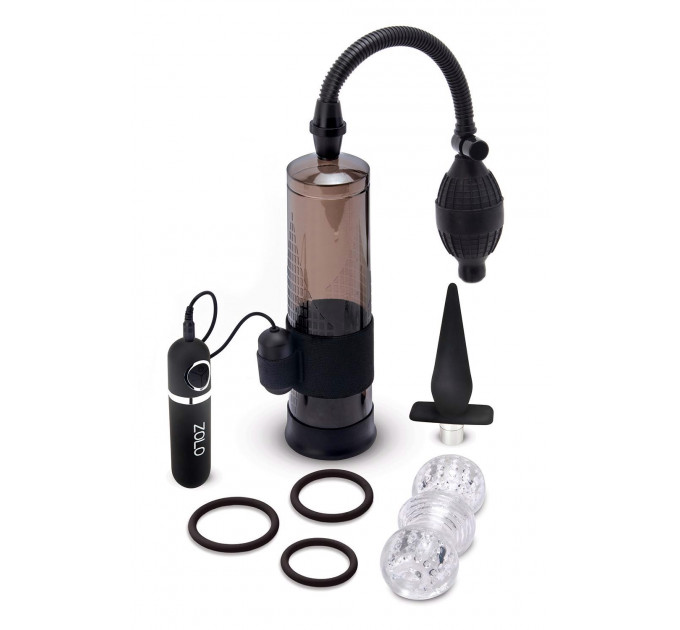 Помпа для пениса Zolo Ultimate Performance Set включающая в себя набор из 6 предметов, черный