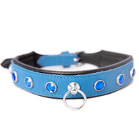 Ошейник со стразами тонкий DS Fetish кожаный, голубой (Голландия)